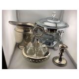 Silver Chafing Dish, Pitcher, Seasoning Caddy, Candle Stick