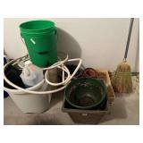 Planters, Buckets, Broom and Chemical in Bucket