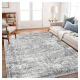 Area Rug 8x10 Washable Rug Gray Vintage Traditional Mat Distressed Indoor Foldable Thin Retro Accent Floral Non Slip Carpet Living Room Dining Room Office