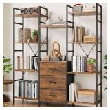 Triple Bookshelf with 3 Drawers, Wide 4-Tier Book Shelf and 10 Display Shelves, Industrial Large Bookcase for Home & Office, Rustic Brown