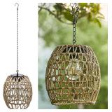 Outdoor Solar Hanging Lantern, Natural Seeweed Rattan Bamboo Woven Porch Patio Gazebo Pendent Chandelier Light Decorative Solar Powered Hanging Lamp for Front Door Garden