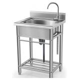 Utility Sink Free Standing Single Bowl Kitchen Sink with Cold and Hot Water Pipe Stainless Steel Sink for Laundry Room Bathroom Farmhouse