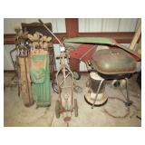 GOLF CLUBS, METAL STAND, HEATER, GRILL, MORE