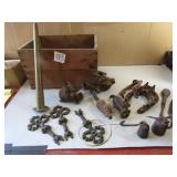 WOOD BOX, BRASS WALL HOOK, HORSE SHOES, MORE