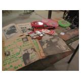 OLD SCRAP BOOKS, WOOD BUGGY SIGN ,FRISBEES
