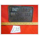 1940 IND WEIGHT TAX PLATE 8X 51/2"