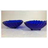 Heavy Cobalt Glass Shell Shaped Footed Bowls