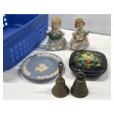 Two brass bells, Waterford, & trinket box