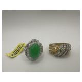 2-QVC RINGS SIZE 7 1-GREEN STONE 1-FAUX DIAMOND