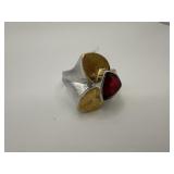 QVC SILVER GOLD & RED STONE RING SIZE 6 1/2