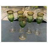 5 Gilded Green Glass Goblets