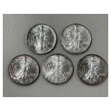 5- Various Dates 1oz Silver Walking Liberty Coins