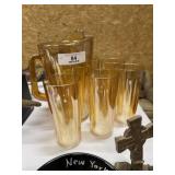 Vintage Orange Carnival Glass Pitcher & 5- Glasses