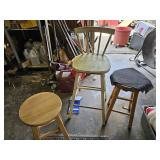 Stools. 2 regular wood stools and 1 stool w/ back