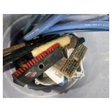 Large bucket of hose pieces, broom heads, Funnel,