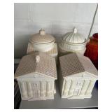 Lot of 4 Porcelain Building Style Cookie Jars and