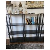 Set of 2- 3 tier wood, black shelves. Contents