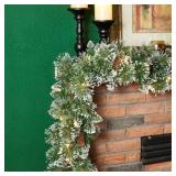 Glitzhome 9ft Pre-Lit Frosted Greenery Pinecones C