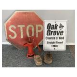 Vintage Stop Sign, Water Pump, Wood Pulleys