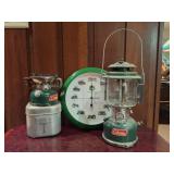 Coleman Lantern, John Deere Clock, Coleman Stove