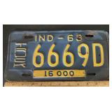 VINTAGE AUTO LICENSE PLATE/TAG-INDIANA "1963"