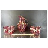 Mold-Blown Hand Painted Cranberry Water Set, Has