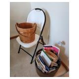 Chair, Wood Bucket, Magazines, Magazine holder