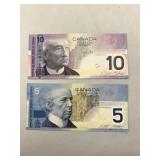 Canadian Five & Ten Dollar Bill