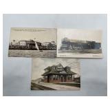 Lot of 3 C1910 Railroad & Boating Postcards