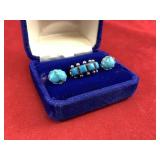 Pair Turquoise Sterling Earrings + Ring