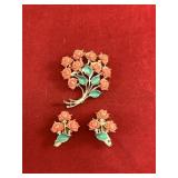 Faux Coral Roses Brooch & Earrings