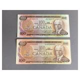 1975 Canadian $100 Bills x2