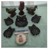 Cast Iron owl trivets, duck and owl figurines