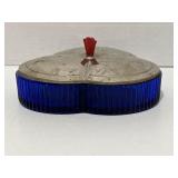 Vintage Cobalt Blue Divided Candy dish with metal