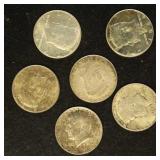 US Coins 6 1964 Kennedy Silver Halves, circulated