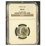 US Coins 1943-D Washington Quarter MS64 NGC