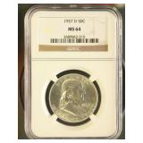 US Coins 1957-D Franklin Half Dollar MS64 NGC
