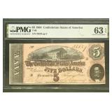 CSA Paper Money 1864 $5 Five Dollar Note T-69 CU63