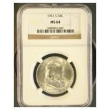 US Coins 1951-S Franklin Half Dollar MS64 NGC