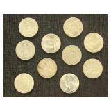 US Coins 10 Washington Silver Quarters, mostly 196