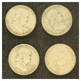 US Coins 4 Silver Franklin Half Dollars, Circulate