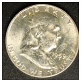 US Coins 1959-D Silver Franklin Half Dollar, ms63+