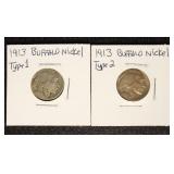 US Coins 1913 Type 1, 1913 Type 2, Buffalo Nickels