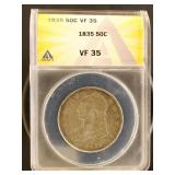 US Coins 1835 Bust Half Dollar Graded VF35 by ANAC