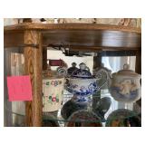 Tea kettle, blue candy jar, and Japanese flowered candy dish.