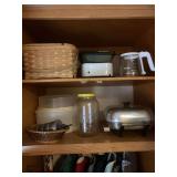 Picnic basket, Electric skillet, bucket of wooden clothes, pins contents of top shelves in laundry room