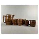 Vtg Brown Barrel Stoneware Pitcher & Mugs