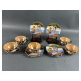 Vtg. Japanese Tea Cups, Saucers & Wood Display