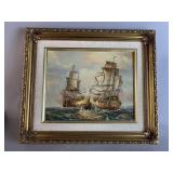 Vintage British Vs America Battle Ships Painting