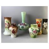 6 Hand Painted Fostoria Milk Glass Vases